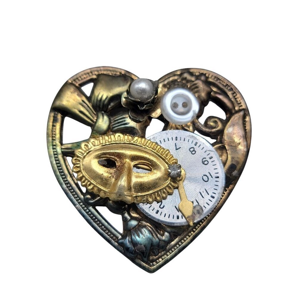 Steam punk Brooch Heart Gold Plated Faux Pearl Button Mardi Gras Mask Click Pin